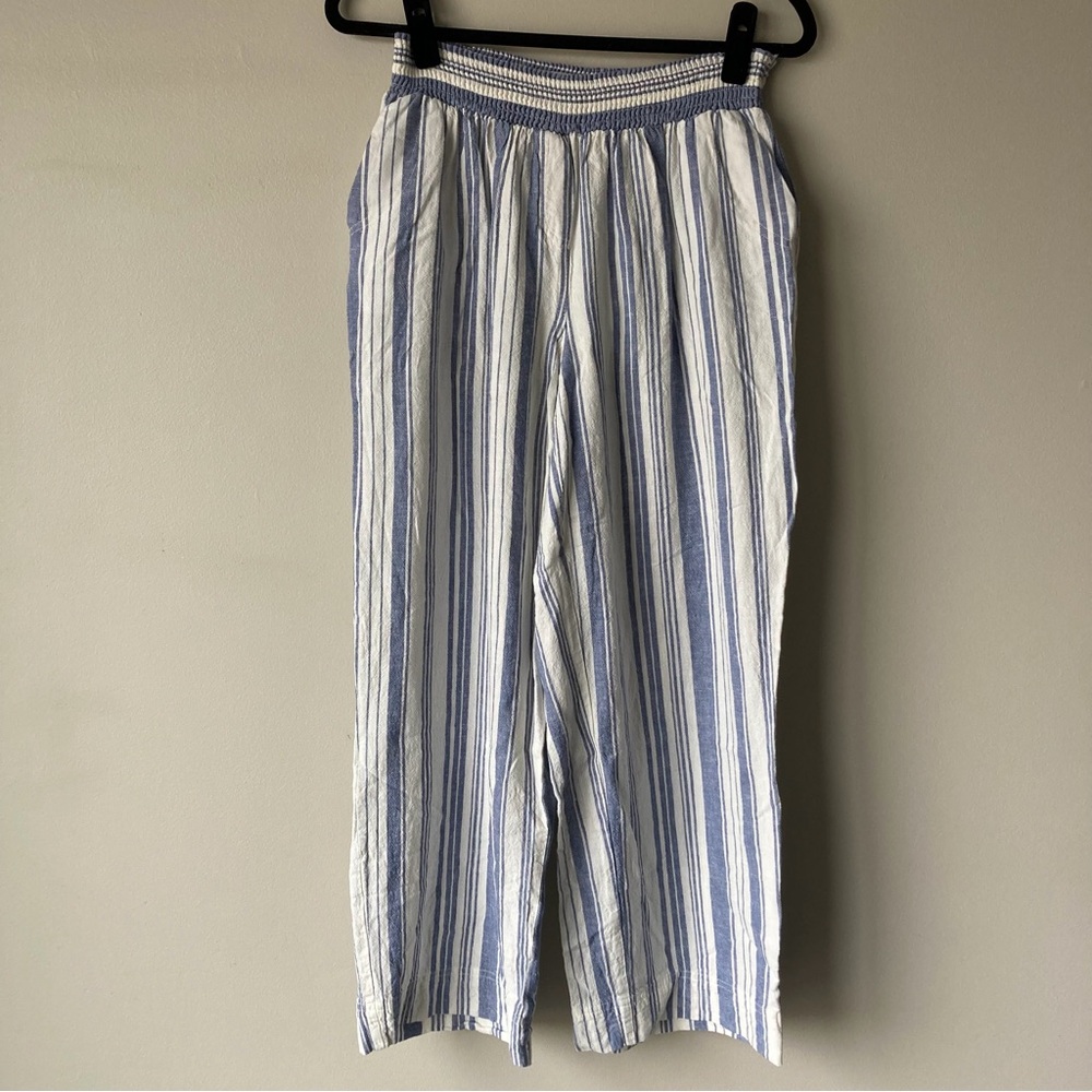 Linen Blend Striped Elastic Waist Lightweight Pants Blue and White Women’s 1X